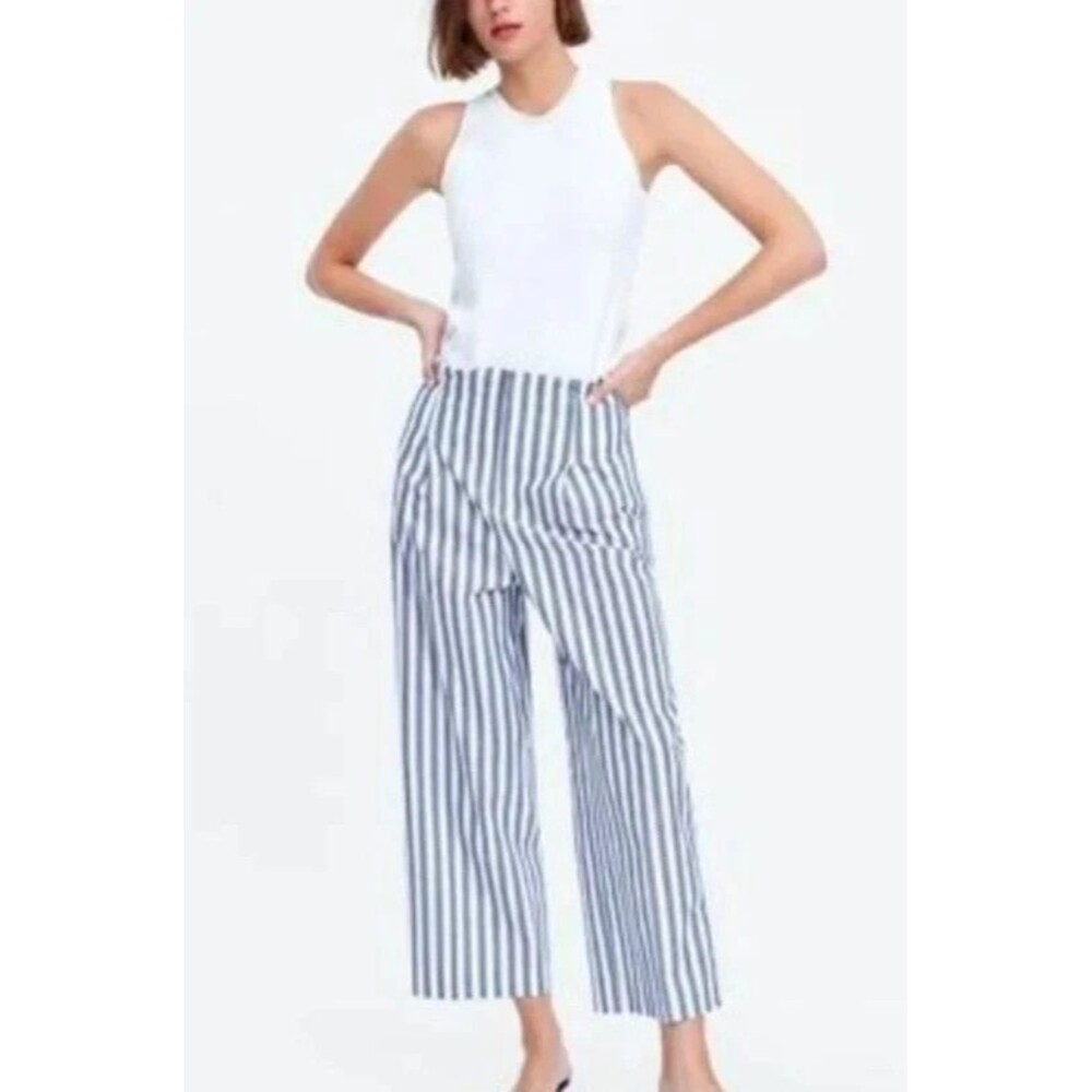 Zara Striped Wide Leg Pants Womens XL Blue White Cropped Pleated High Rise